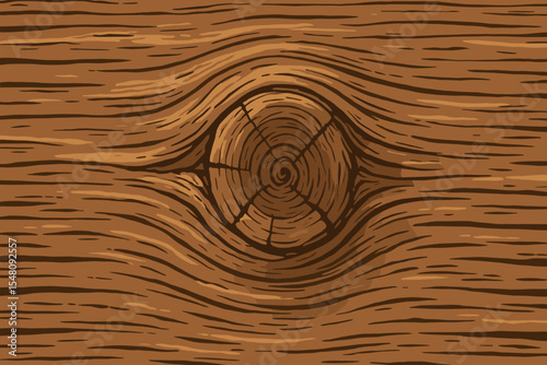 Detailed Rustic Wooden Knot Close-Up Texture with Natural Tree Rings and Cracks, Vector Cartoon Illustration for Vintage, Nature, Craft, and Background Design