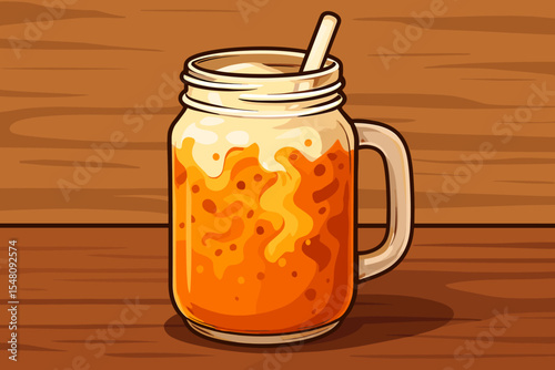 Refreshing Thai Iced Tea with Creamy Milk in Mason Jar on Wooden Table, Vector Cartoon Illustration of Cold Sweet Beverage, Asian Drink, Summer Refreshment, Cafe Menu Isolated Artwork