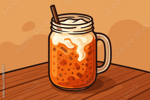 Refreshing Thai Iced Tea with Creamy Milk in Mason Jar Cartoon Vector, Cold Sweet Beverage with Ice, Whipped Topping and Straw on Wooden Table, Summer Drink Illustration, Cafe Menu Design