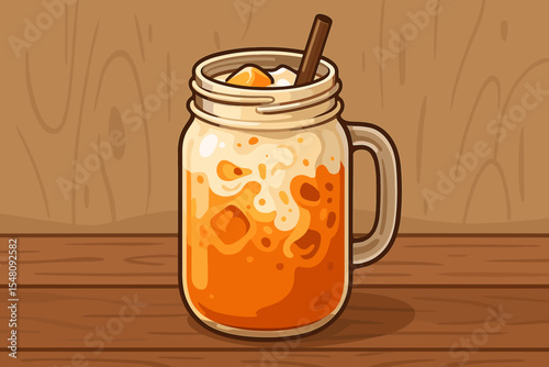 Refreshing Thai Iced Tea with Creamy Milk in Mason Jar, Cartoon Vector Illustration of Sweet Asian Beverage with Ice Cubes, Wooden Table Background, Summer Drink Concept, No Text