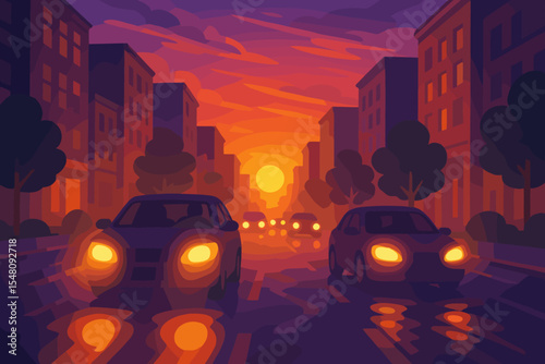 Urban street scene at sunset with glowing car headlights, modern city buildings, wet road reflections, atmospheric dusk lighting, vector cartoon, evening traffic, vibrant colors