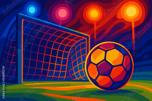 Dynamic abstract vector illustration of glowing soccer ball and goalpost under colorful stadium lights, vibrant sports field at night, modern cartoon design for football tournament and advertising