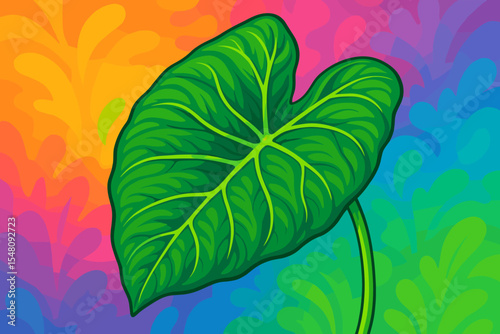 Lush green colocasia taro leaf with bold tropical veins on vibrant multicolor abstract nature background. Exotic foliage vector art, botanical cartoon illustration, decorative plant design element