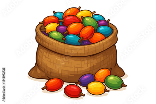 Colorful cartoon palm seeds in burlap sack. Vibrant exotic tropical nuts collection. Multicolored fruit harvest. Organic seed crop isolated on white. Nutritious vector food illustration. No text.
