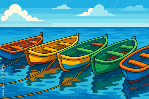 Colorful Rowboats Docked on Calm Blue Sea, Vibrant Fiberglass Boats Reflected in Serene Water, Cartoon Summer Coastal Seascape, Playful Nautical Vector Illustration for Travel and Leisure Concepts