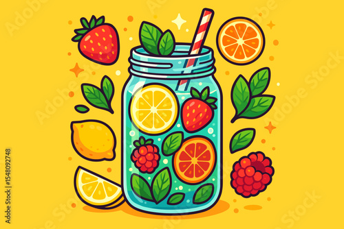 Refreshing Detox Water with Lemon, Strawberry, Raspberry, Orange, Mint, Fresh Herbs, Cartoon Vector Illustration, Bright Colorful Summer Fruit Drink in Mason Jar, Healthy Beverage Concept