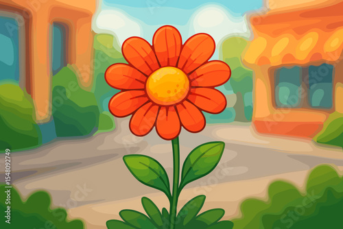Bright orange cartoon flower with yellow center blooming in urban street scene. Vibrant spring blossom with green leaves, blurred city background. Vector illustration, cheerful nature concept