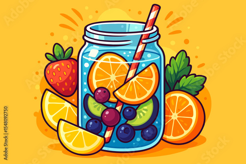 Refreshing detox water with citrus orange, lemon, strawberry, blueberry, and cucumber in mason jar. Summer fruit infused water drink. Clean eating. Healthy beverage. Vector cartoon illustration