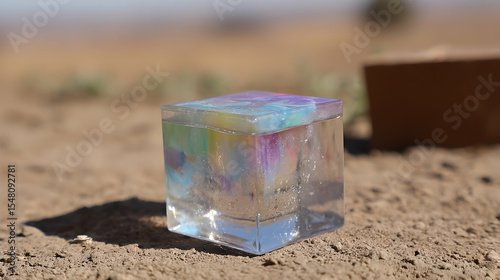 of multicolored ink and smoke trapped in a glass cube in a barren land