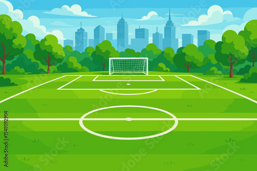 Lush green soccer field with white markings, goalpost, and trees in city park, modern urban skyline, outdoor football pitch, summer landscape, vibrant cartoon vector illustration