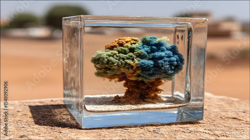 of multicolored ink and smoke trapped in a glass cube in a barren land