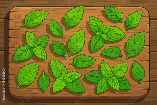 Fresh Green Mint Leaves Arranged on Rustic Wooden Cutting Board. Culinary Herb Vector Illustration. Cartoon Kitchen Ingredient, Cooking, Healthy Food Preparation, Botanical Cuisine Concept