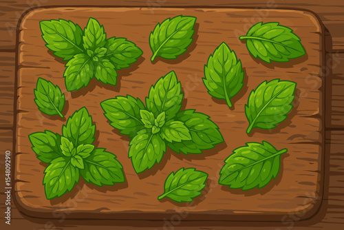 Fresh green mint leaves arranged on rustic wooden cutting board. Vector cartoon illustration. Culinary herbs, kitchen ingredient, aromatic foliage, natural food decoration, healthy cooking concept