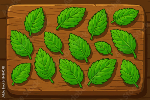 Fresh green mint leaves arranged on rustic wooden cutting board. Cartoon vector illustration. Herbal culinary ingredient, cooking food preparation, natural healthy kitchen decor
