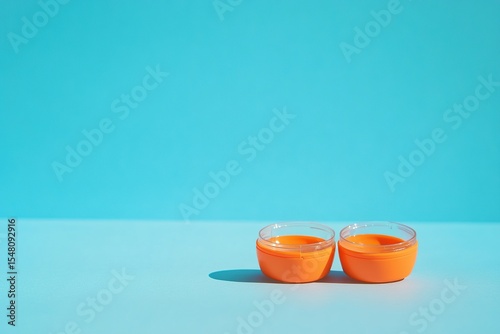 Contact lens case with two contact lenses on a blue background, close-up, with copy space