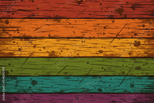 Colorful Grunge Wooden Planks Texture. Rustic Distressed Rainbow Wood Surface with Scratches, Stains, Splatter. Vintage Weathered Timber Background. Multicolor Cartoon Vector Illustration