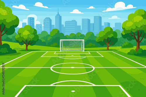 Lush Green Soccer Field with White Lines in Urban Park. Cityscape Background, Goal Net, Trees and Grass, Outdoor Sports Playground. Vector Cartoon Illustration for Children, Summer Activity Scene