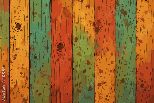 Colorful rustic wooden planks texture. Grunge distressed cartoon wood boards with scratches, stains, knots. Vintage retro background pattern. Weathered timber. Painted fence illustration.