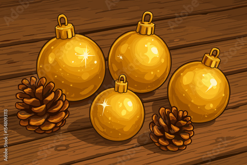 Shiny Gold Christmas Ornaments and Realistic Pine Cones on Rustic Wooden Background. Festive Holiday Decoration Vector. Seasonal Tabletop Scene, Winter Celebration, Cozy Home Decor Illustration