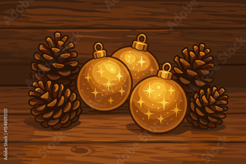 Golden Christmas Baubles and Pine Cones on Rustic Wooden Background. Festive Holiday Decoration. Warm Winter Season Vector Illustration. Cozy Christmas Ornament Arrangement. Seasonal Design
