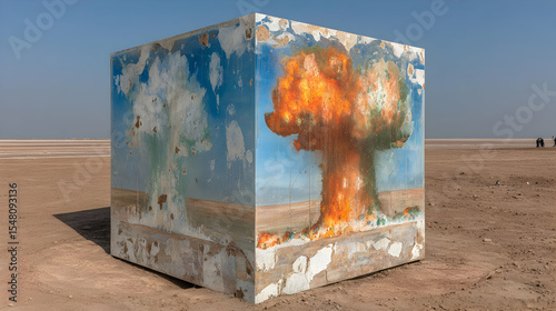 of multicolored ink and smoke trapped in a glass cube in a barren land