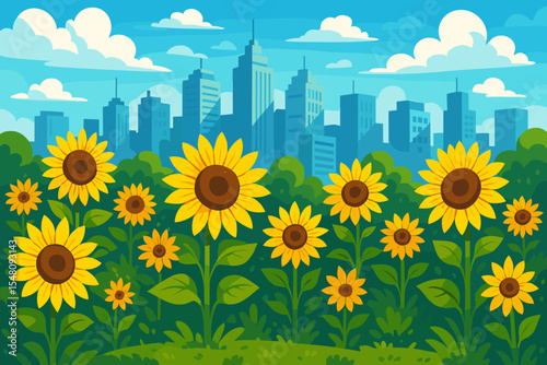 Lush Sunflower Garden Blooming in Urban Cityscape, Vibrant Yellow Flowers, Greenery and Skyscrapers, Cartoon Vector Illustration, Nature Meets Modern Architecture, Summer Floral Scene