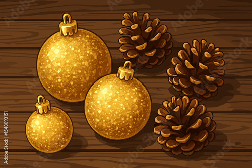 Golden Christmas Baubles and Pine Cones on Rustic Wooden Background. Festive Holiday Ornament Decor. Shiny Glitter Spheres. Seasonal Vector Illustration. Winter Celebration Decorative Elements