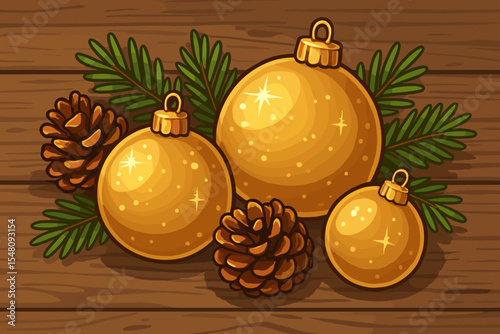 Shiny Gold Christmas Ornaments with Pine Cones and Green Fir Branches on Rustic Wooden Background. Festive Holiday Decoration Vector Illustration. Winter Celebration Seasonal Design Elements