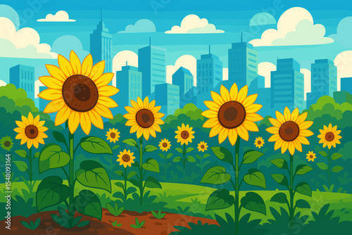Lush Sunflower Garden Blooming in Urban Park with Modern City Skyline. Bright Yellow Flowers, Green Foliage, Blue Sky, Summer Nature Scene, Eco-Friendly Urban Landscape, Vector Cartoon Illustration