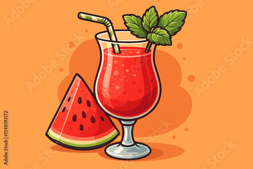 Refreshing Watermelon Juice with Fresh Mint in Elegant Glass, Summer Drink Cartoon Vector, Vibrant Fruit Beverage, Slice Garnish, Healthy Smoothie, Refreshment Concept Illustration