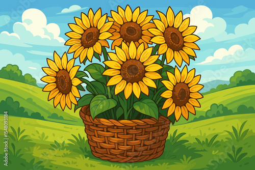 Bright sunflowers in woven basket, countryside landscape background. Vibrant yellow floral bouquet, rustic rural farm field, cheerful nature theme, summer meadow. Vector cartoon illustration.