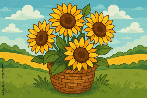 Bright sunflowers bouquet in rustic woven basket on lush countryside field. Cheerful floral summer scene. Vibrant cartoon vector illustration. Farm landscape, rural outdoor decor, nature beauty