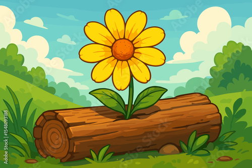 Bright yellow cartoon flower growing from weathered wooden log in sunny nature landscape, playful vector illustration, cheerful outdoor environment, summer meadow, natural scenery concept