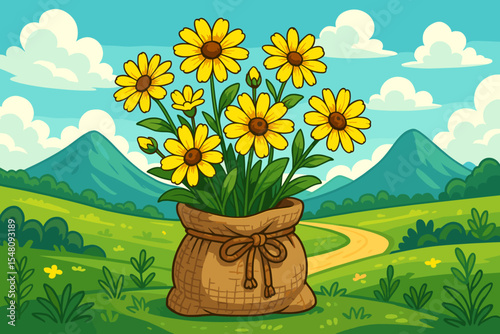 Cartoon yellow wildflowers in burlap sack on scenic nature landscape. Spring meadow, mountains, green hills, blue sky, blooming flowers, countryside, vector illustration, floral decor, no text