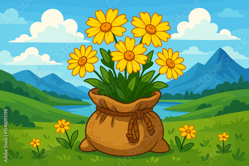 Bright yellow wildflowers in burlap sack, cartoon vector landscape illustration with mountains, blue sky, clouds, green fields, lake, vibrant spring summer countryside nature background