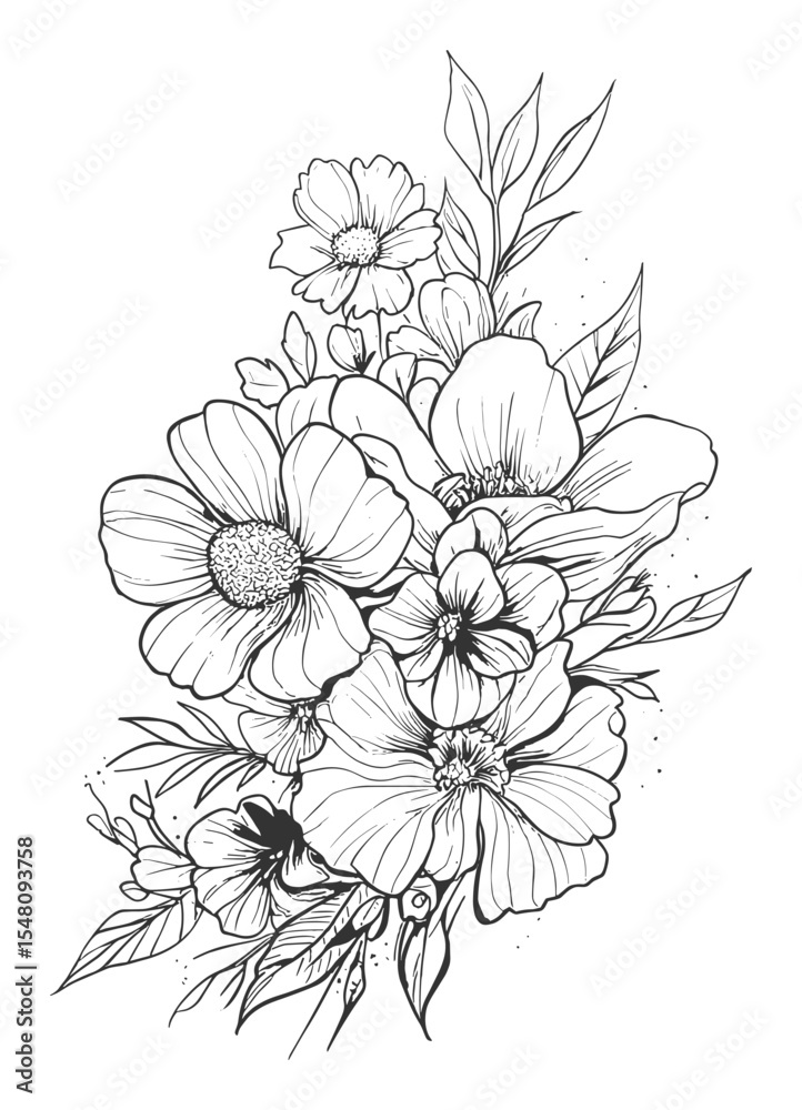 Fototapeta premium Vertical Wildflower Bouquet Line Art – Hand Drawn Floral Illustration