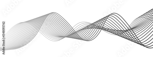 Abstract minimalist wave background with smooth, monochrome black curved lines forming a flowing sinusoidal pattern. Motion, rhythm, and harmony. 
