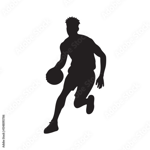 Silhouette of a basketball player dribbling, airborne with the ball, leaping to shoot, dynamic action pose, Vector Illustration.