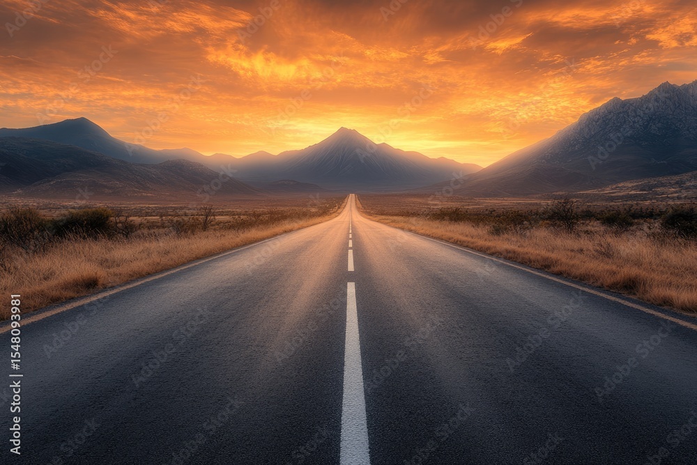 Fototapeta premium Empty road stretching into a dramatic sunset over mountains