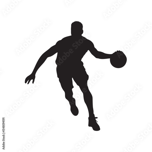 Silhouette of a basketball player dribbling, airborne with the ball, leaping to shoot, dynamic action pose, Vector Illustration.