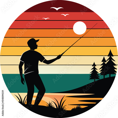 Silhouette of a man fly fishing at sunset by a lake, retro style