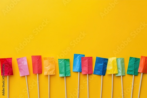 Colorful flags on toothpicks isolated over yellow background. Flat lay composition, top view.