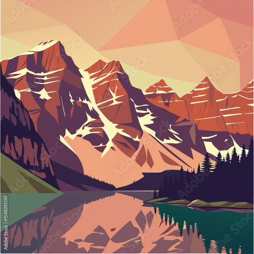 Majestic Mountain Lake Sunset A Stunning Low Poly Landscape Design