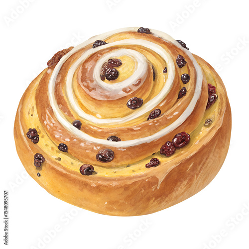 Spiral pastry with golden puff layers filled with raisins and custard, lightly glazed top, rustic swirl, transparent background