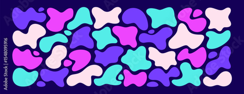 Vector set of liquid organic shapes, irregular forms. Color neon simple freeform or asymmetric blobs. Random deformed abstract figures, wavy spots, fluid amorphous splodges. Modern uneven amoeba blots
