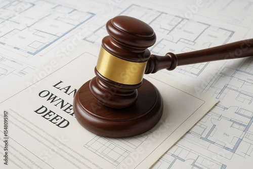 Land ownership deed with wooden gavel on architectural blueprints symbolizing legal property rights and real estate transactions in professional setting