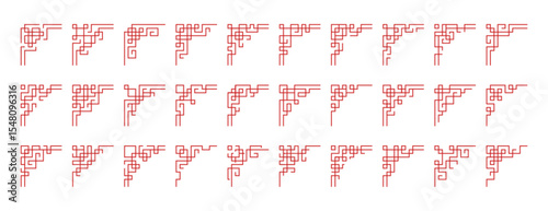 Chinese corners vector set. Red japanese border frames, asian vintage ornaments isolated on background. Traditional korean decorative elements or japan ancient line culture decoration for card, poster