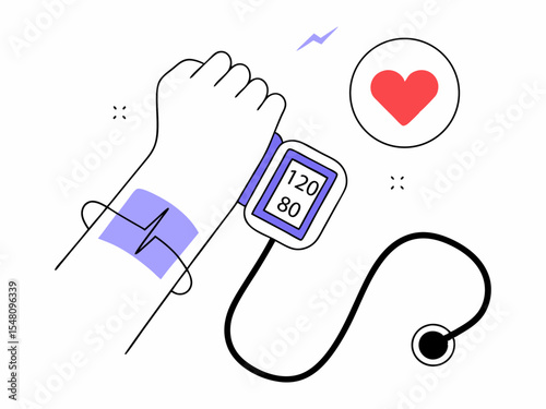 Flat vector illustration of arm with digital blood pressure monitor showing normal reading 120/80, healthcare and heart symbol