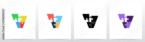 Jigsaw Puzzle Colorful Pieces Initial Letter Logo Design V