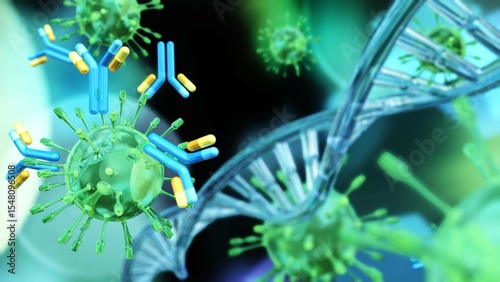 Virus and antibodies close up, microorganism, a microscopic organism, especially a bacterium, virus, or fungus. 3d rendering